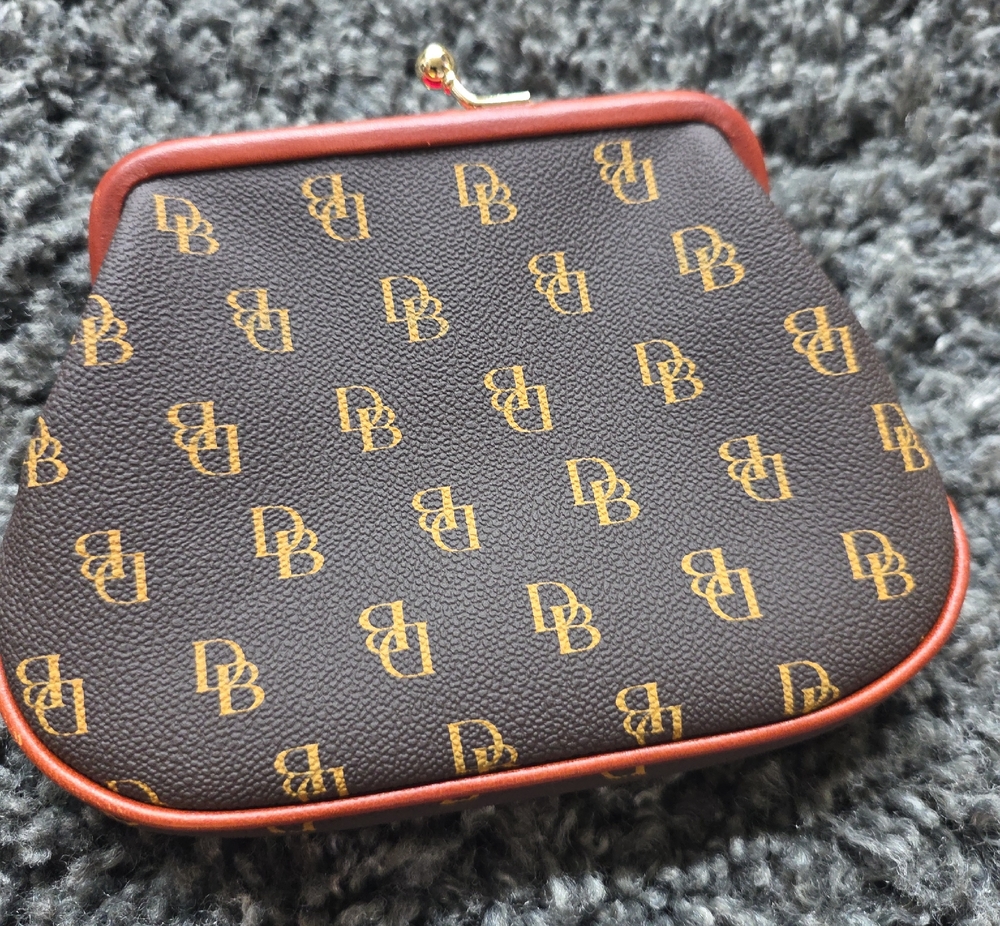 Dooney & Bourke Brown and Tan Logo Frame Coin Purse